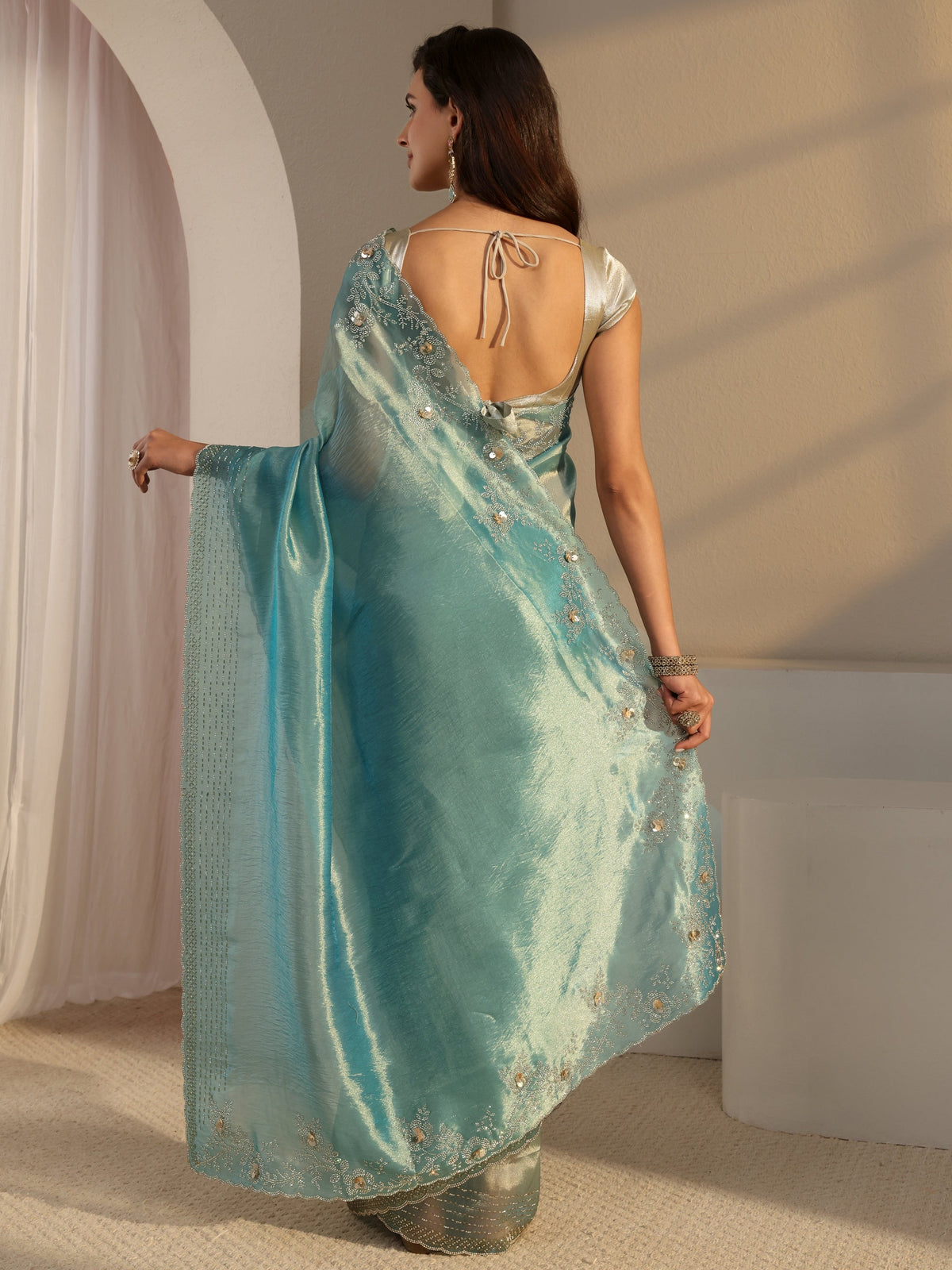 Anouk Blue Embellished Tissue Saree With Unstitched Blouse Piece