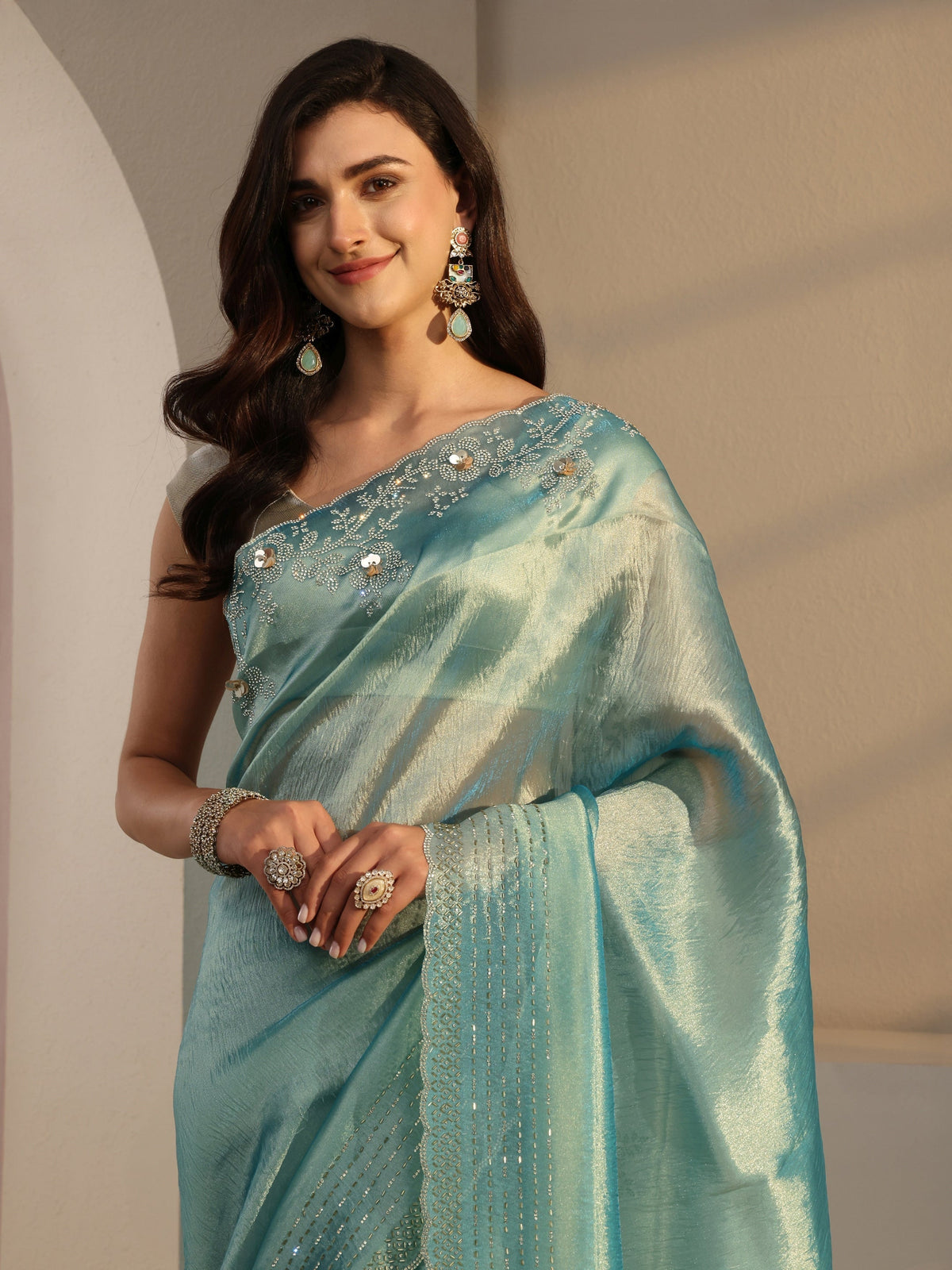 Anouk Blue Embellished Tissue Saree With Unstitched Blouse Piece