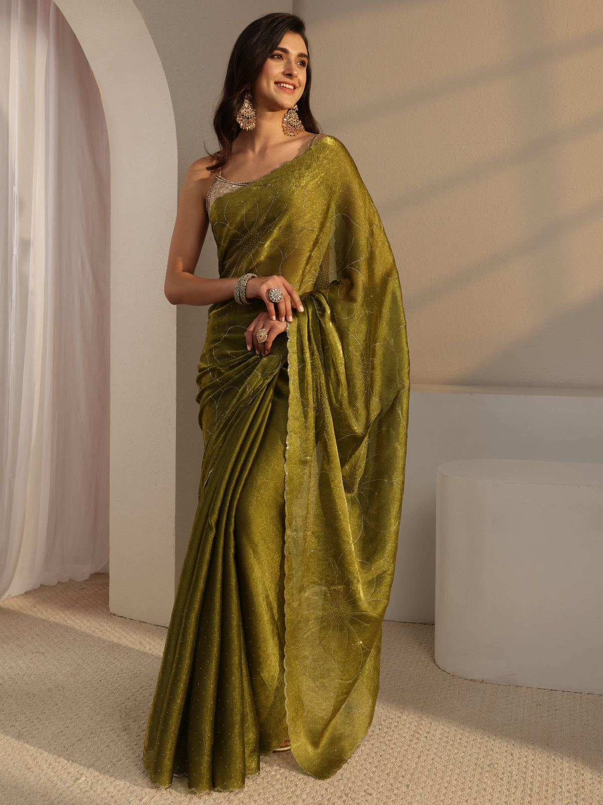 Anouk Green Floral Embellished Tissue Saree With Unstitched Blouse Piece