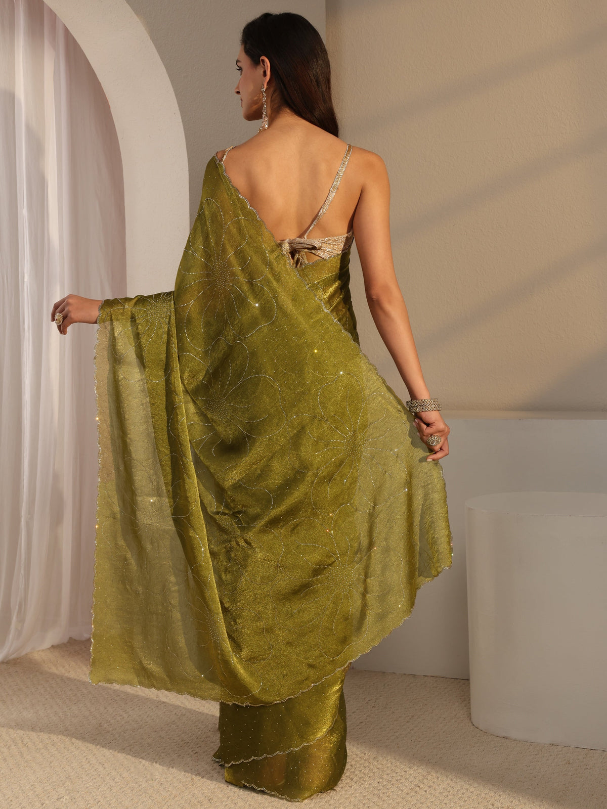 Anouk Green Floral Embellished Tissue Saree With Unstitched Blouse Piece