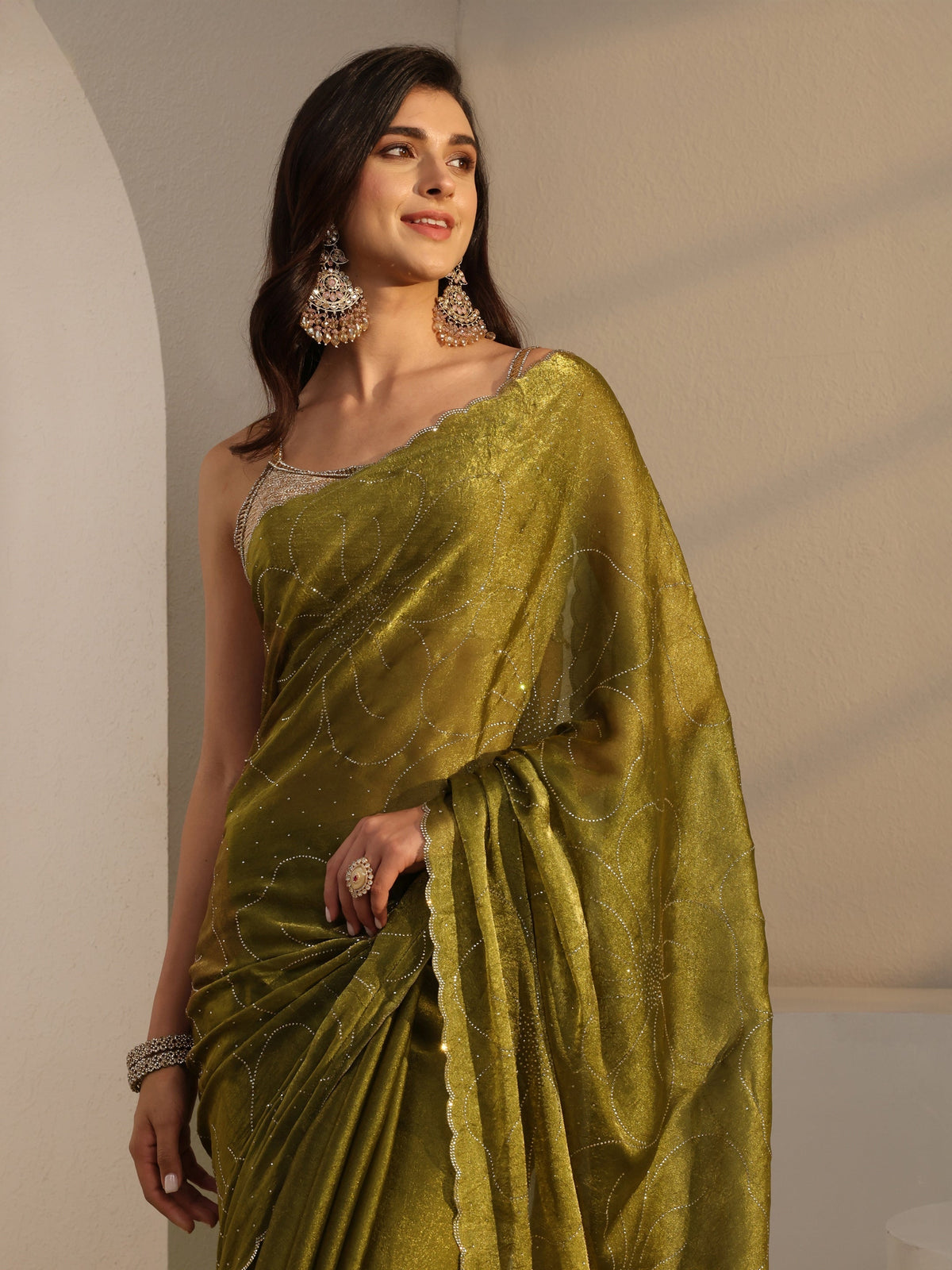 Anouk Green Floral Embellished Tissue Saree With Unstitched Blouse Piece