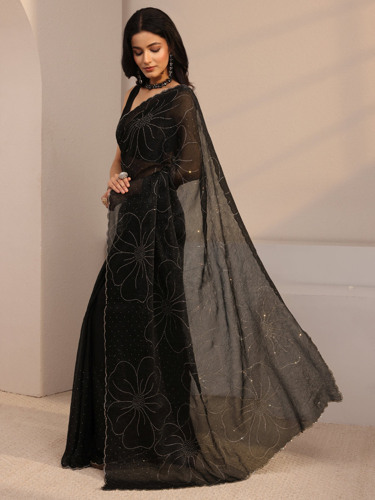 Anouk Black Embellished Tissue Saree With Unstiched Blouse Piece