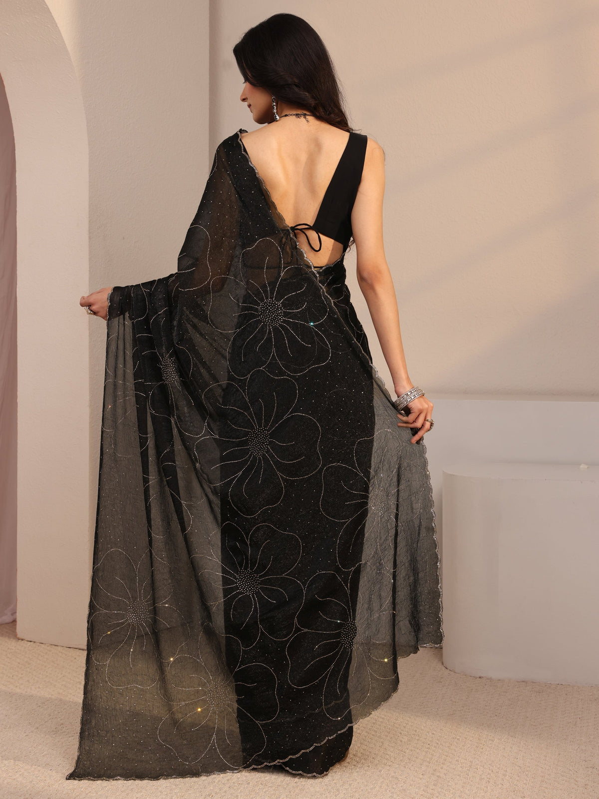 Anouk Black Embellished Tissue Saree With Unstiched Blouse Piece