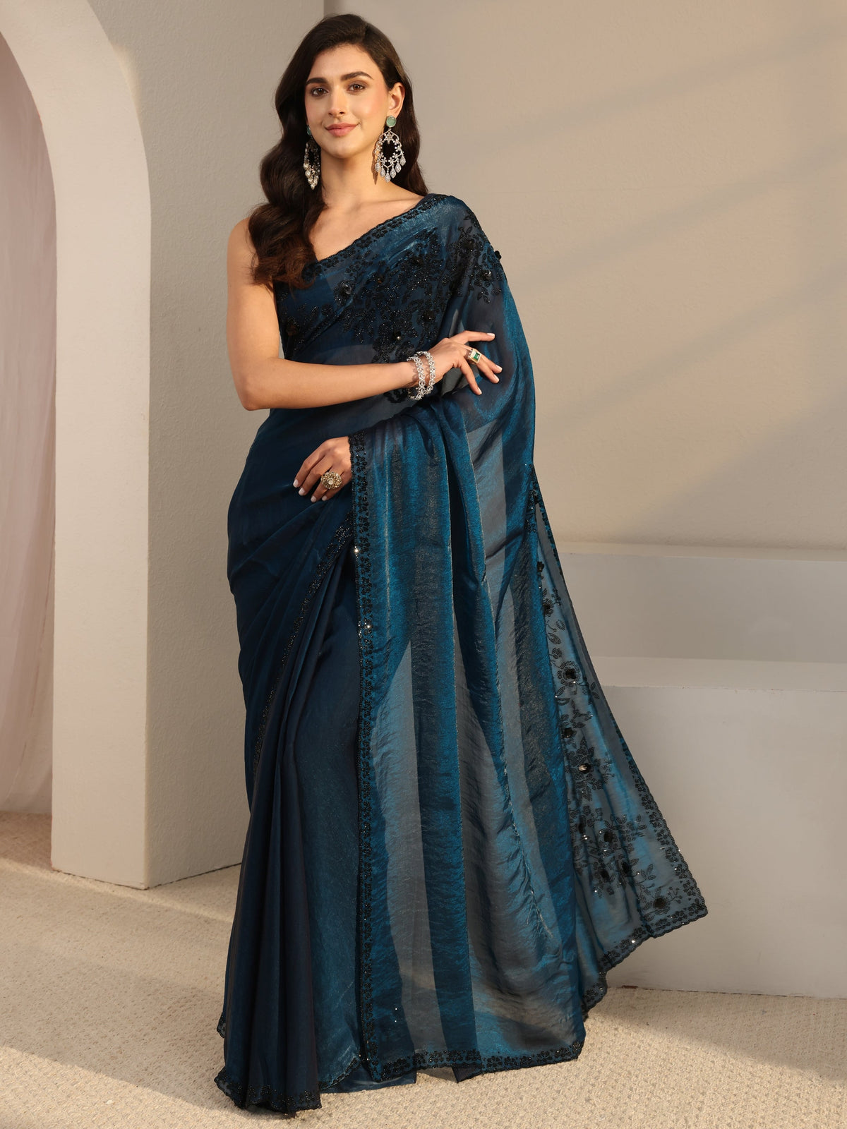 Anouk Blue Embellished Tissue Saree With Unstitched Blouse Piece