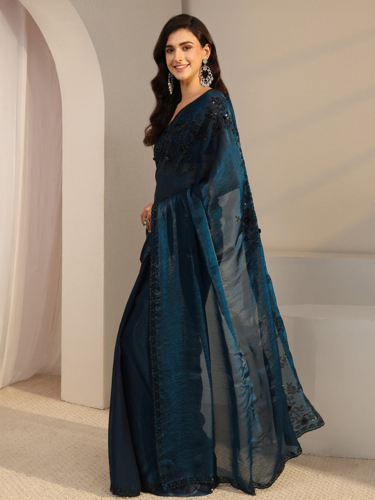 Anouk Blue Embellished Tissue Saree With Unstitched Blouse Piece