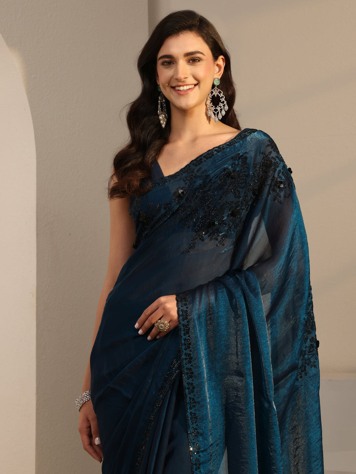 Anouk Blue Embellished Tissue Saree With Unstitched Blouse Piece