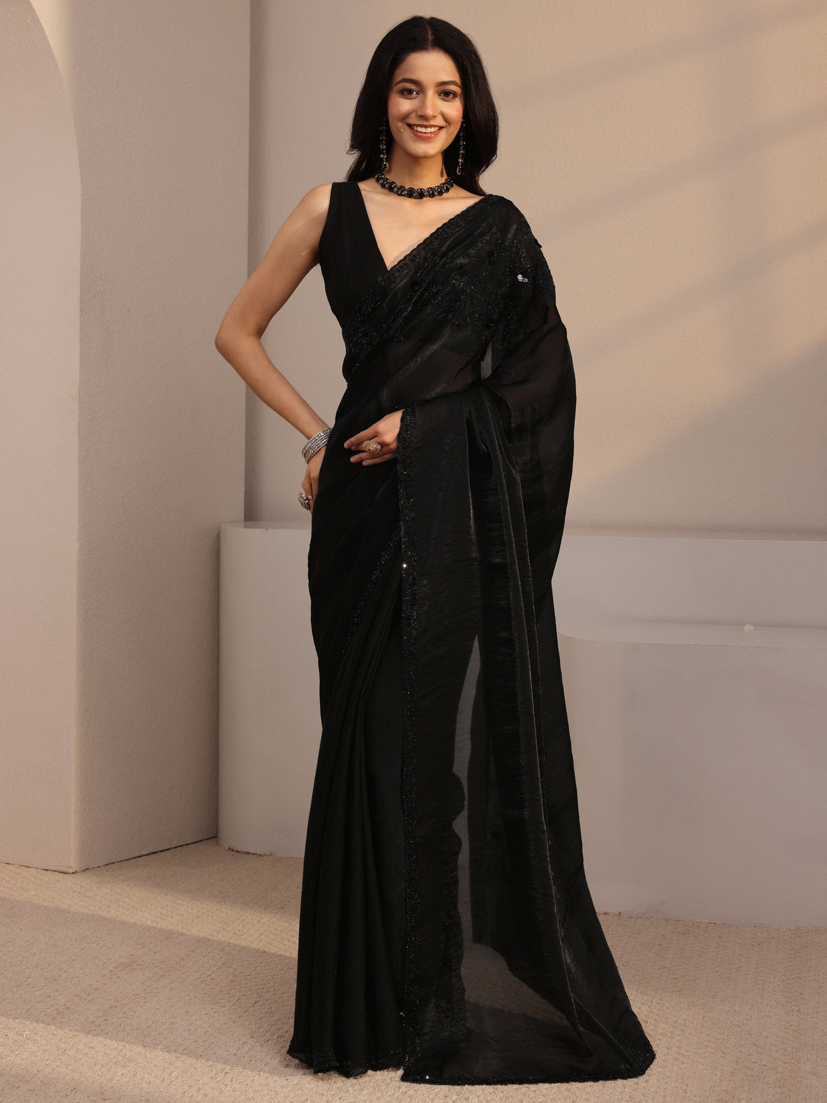 Anouk Black Embellished Tissue Saree With Unstiched Blouse Piece
