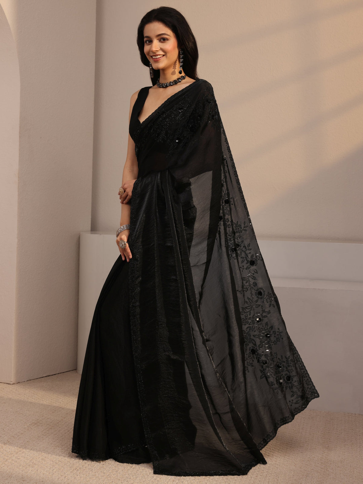 Anouk Black Embellished Tissue Saree With Unstiched Blouse Piece
