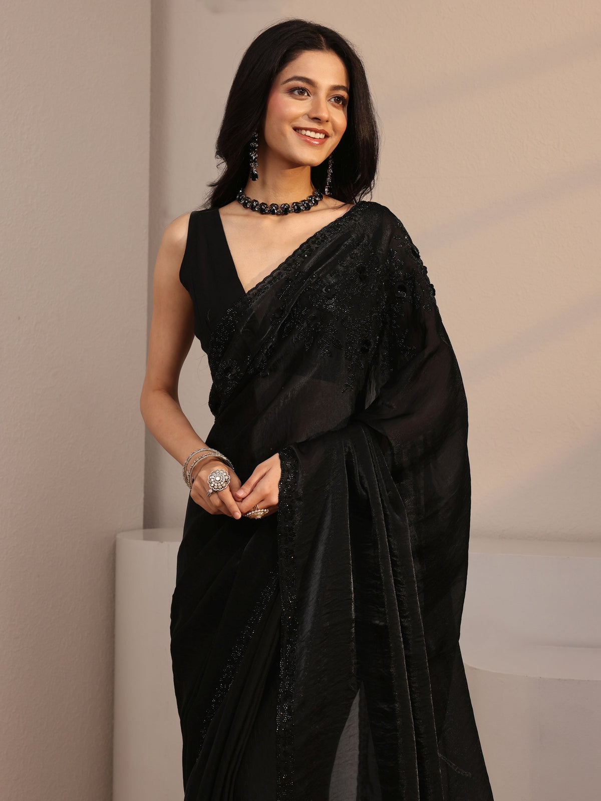 Anouk Black Embellished Tissue Saree With Unstiched Blouse Piece
