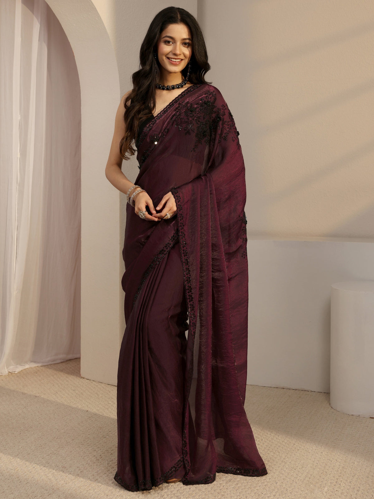 Anouk Burgundy Embellished Tissue Saree With Unstiched Blouse Piece