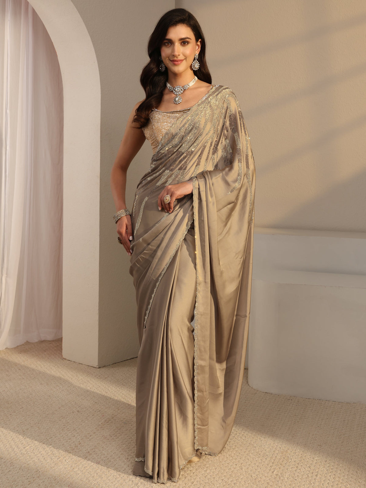 Anouk Taupe Solid Satin Saree With Unstitched Blouse Piece