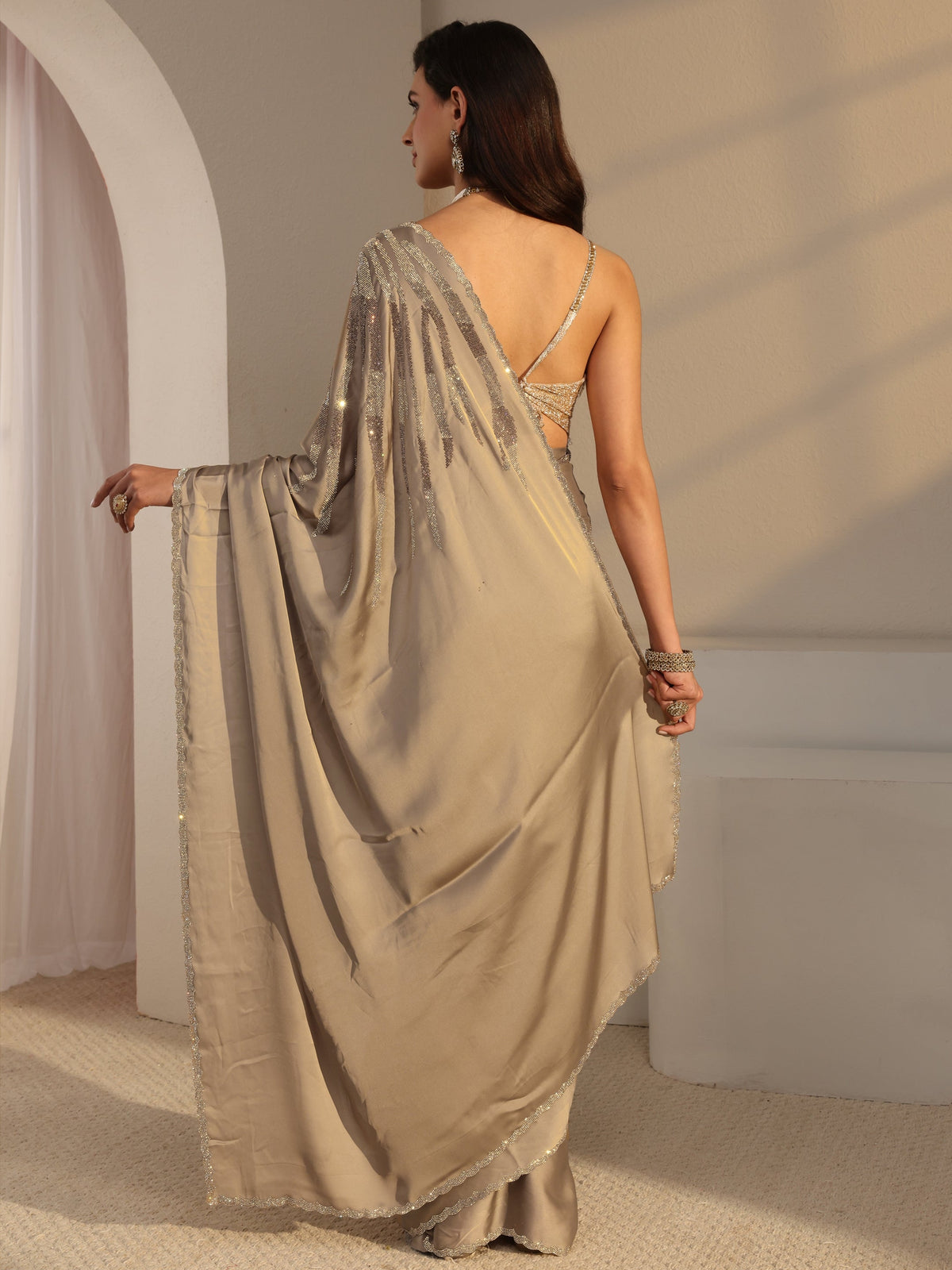 Anouk Taupe Solid Satin Saree With Unstitched Blouse Piece
