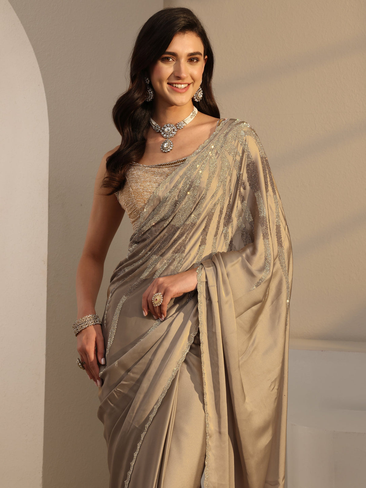 Anouk Taupe Solid Satin Saree With Unstitched Blouse Piece