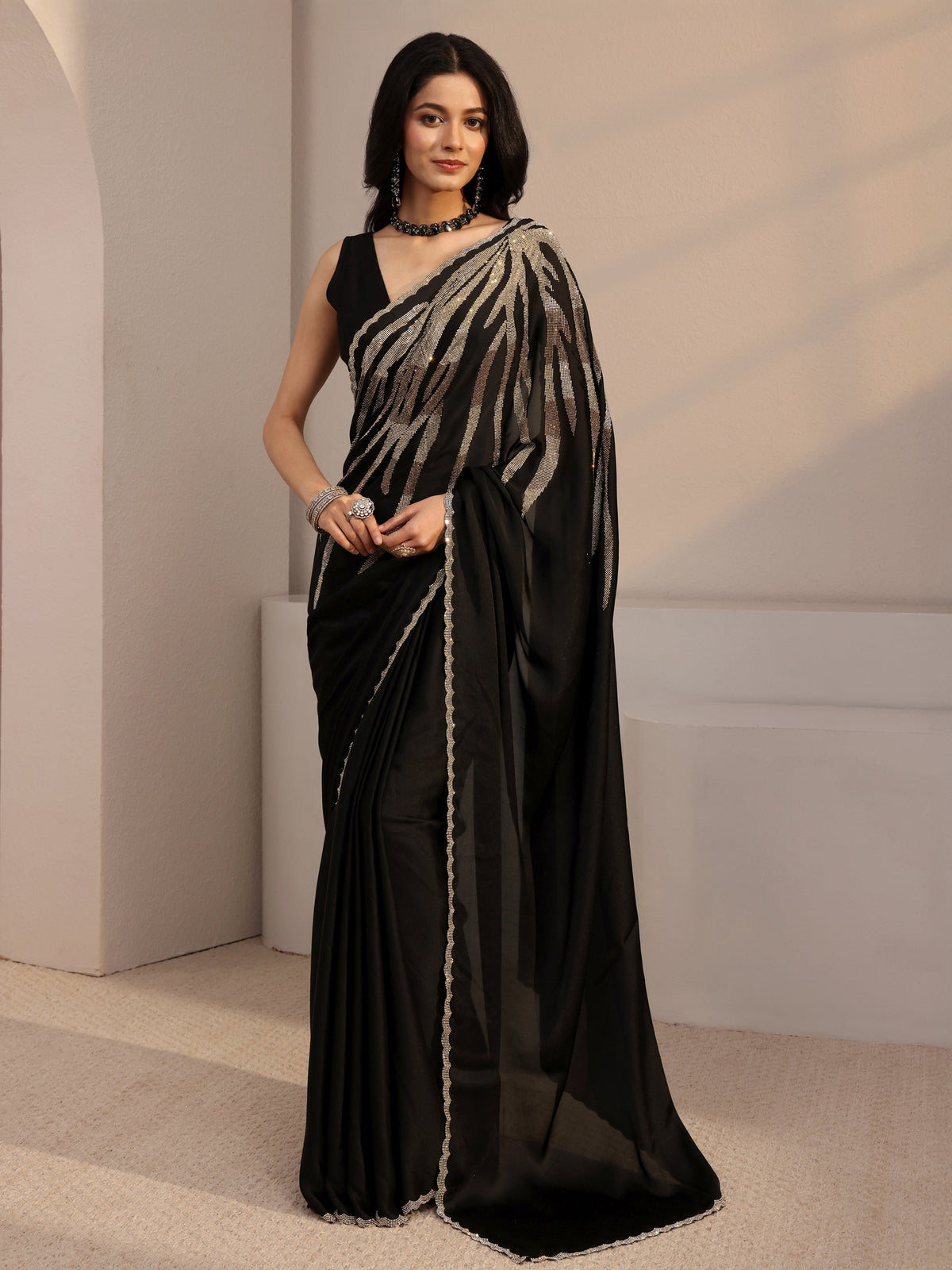 Anouk Black Embellished Satin Saree With Unstiched Blouse Piece
