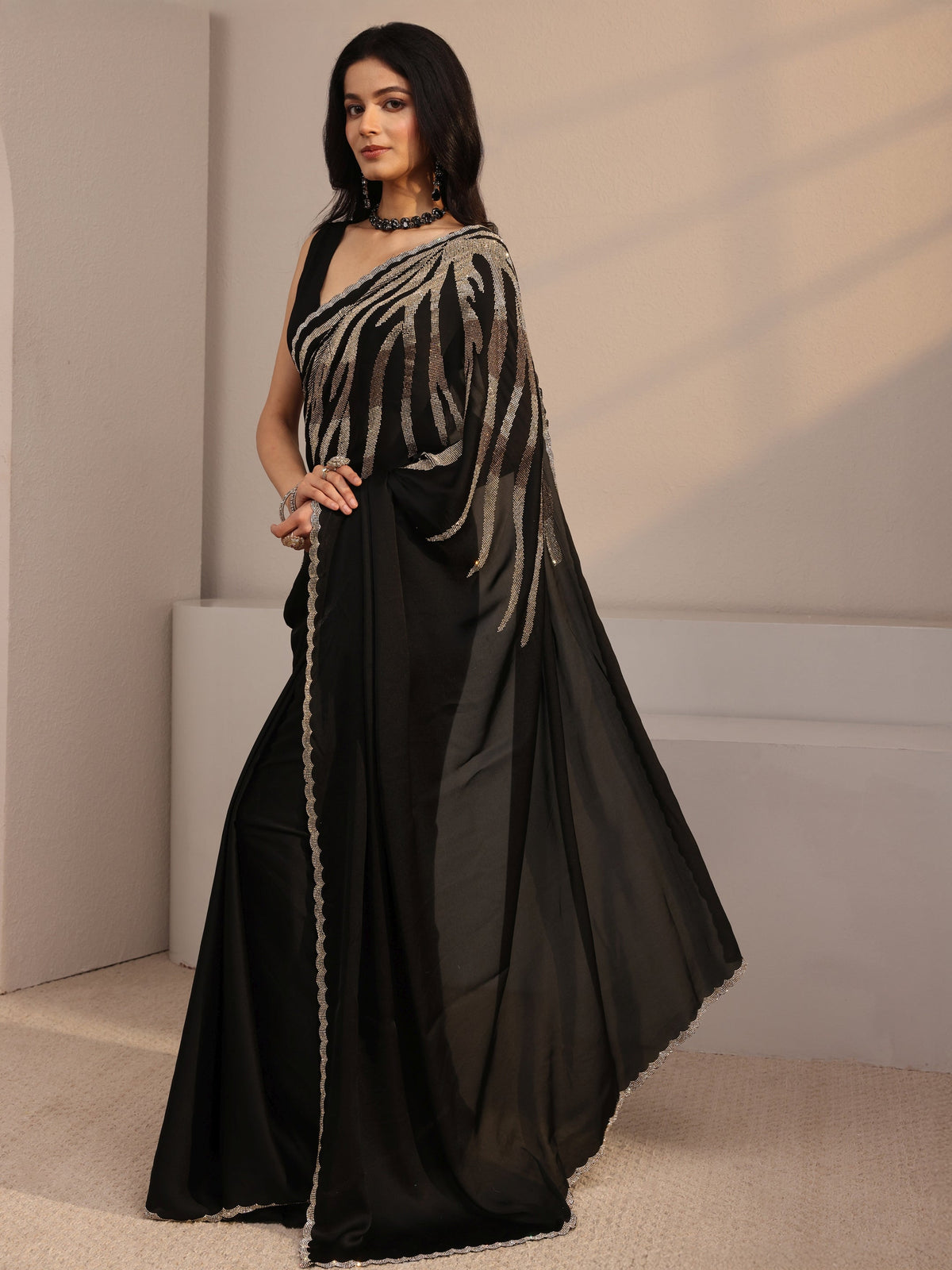 Anouk Black Embellished Satin Saree With Unstiched Blouse Piece