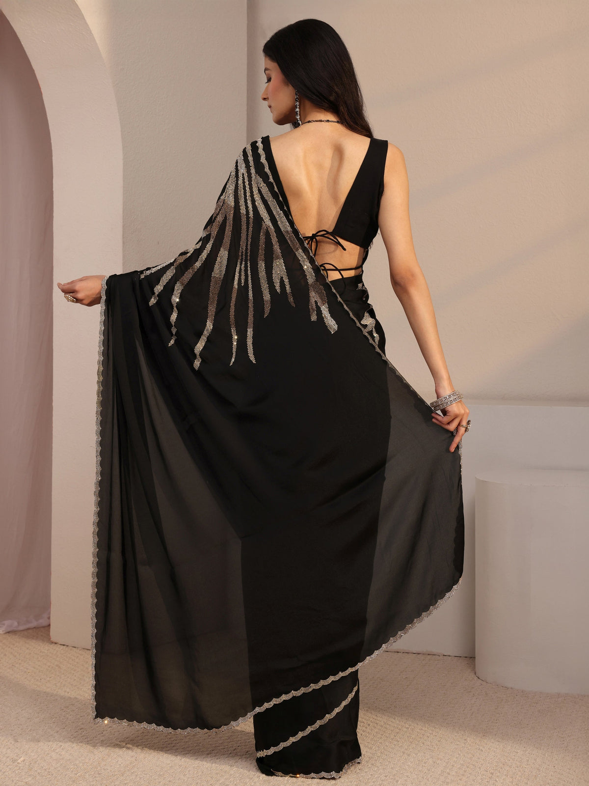 Anouk Black Embellished Satin Saree With Unstiched Blouse Piece
