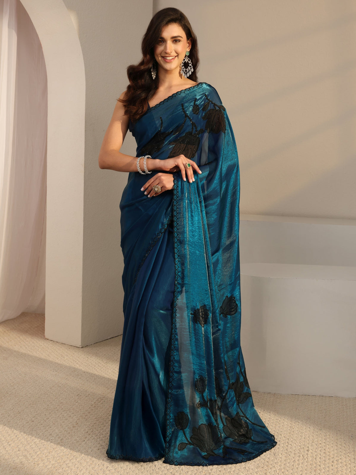 Anouk Blue Floral Embellished Tissue Saree With Unstitched Blouse Piece