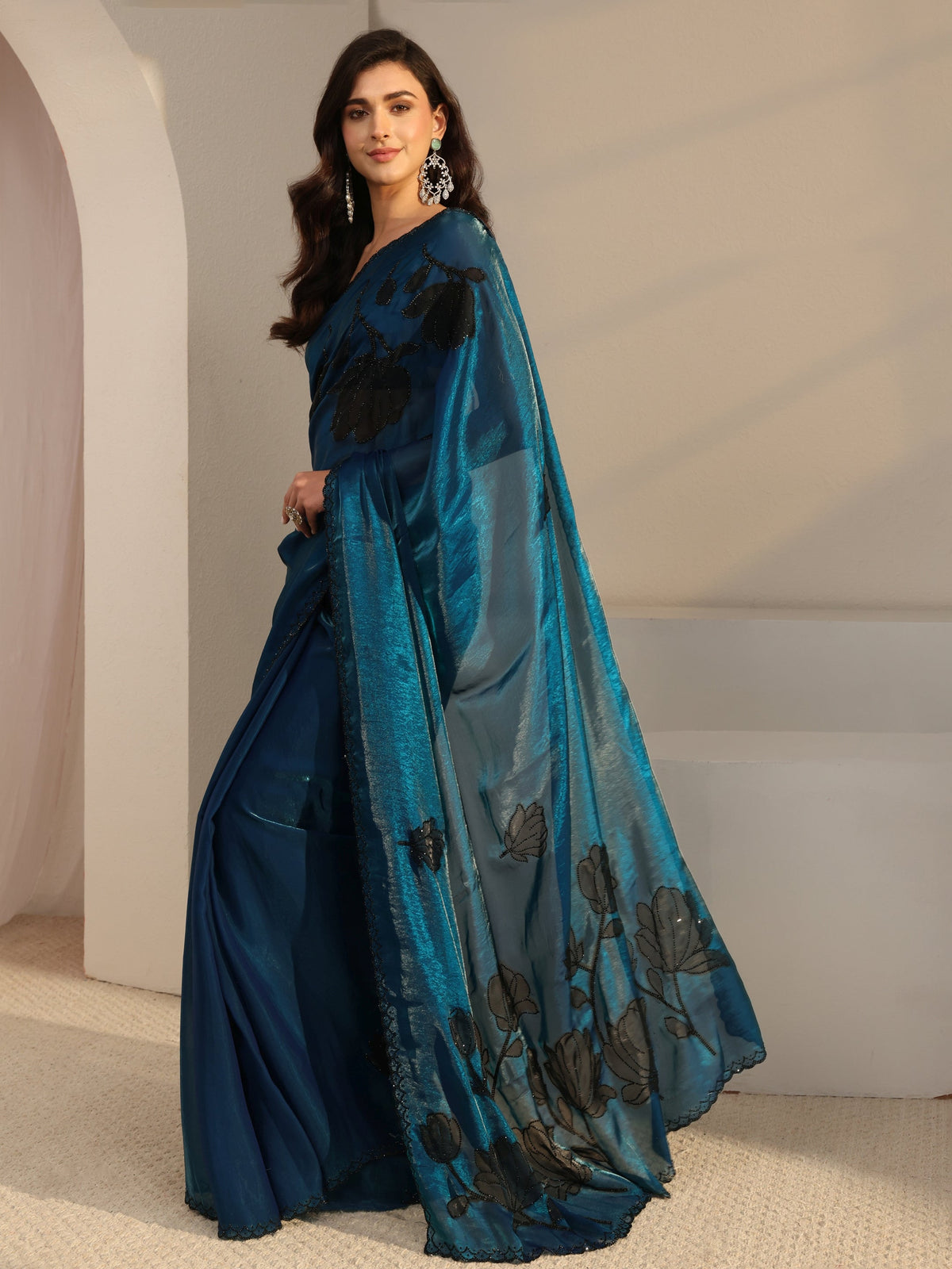 Anouk Blue Floral Embellished Tissue Saree With Unstitched Blouse Piece