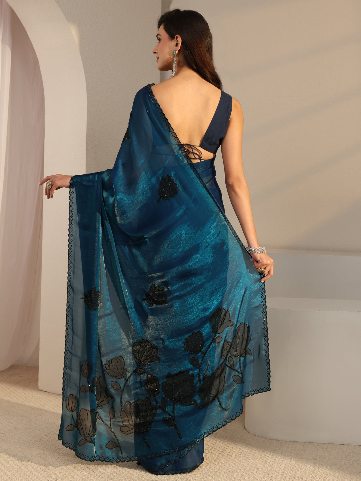 Anouk Blue Floral Embellished Tissue Saree With Unstitched Blouse Piece
