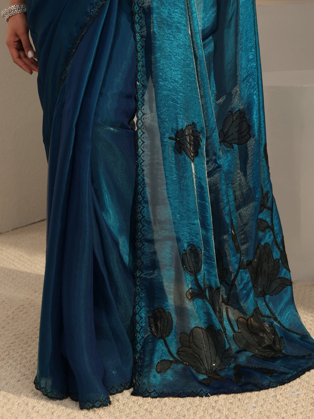Anouk Blue Floral Embellished Tissue Saree With Unstitched Blouse Piece