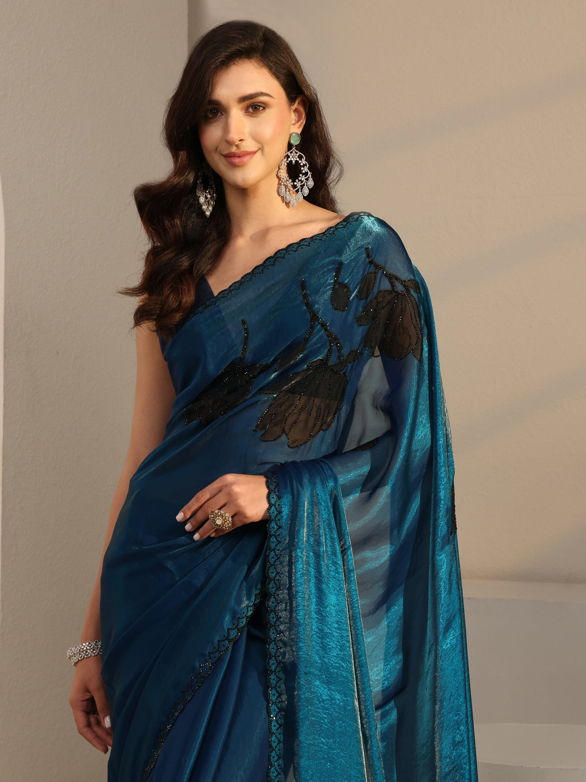 Anouk Blue Floral Embellished Tissue Saree With Unstitched Blouse Piece