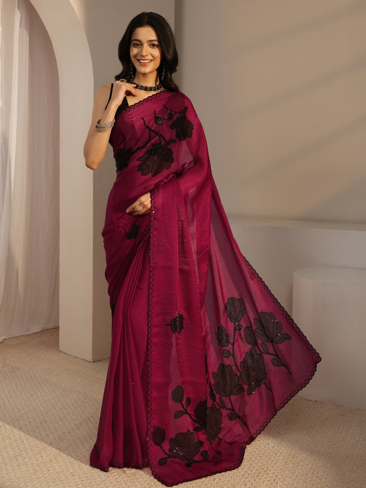 Anouk Pink Embellished Tissue Saree With Unstiched Blouse Piece
