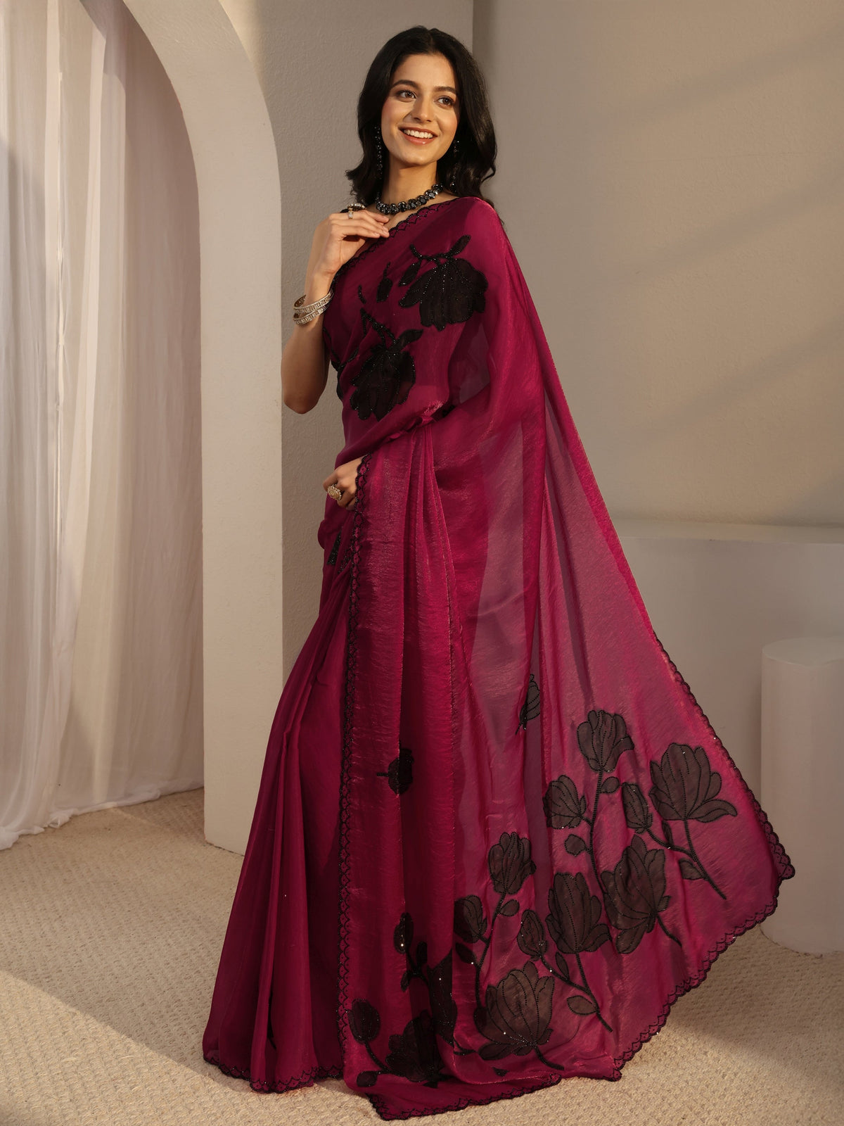 Anouk Pink Embellished Tissue Saree With Unstiched Blouse Piece