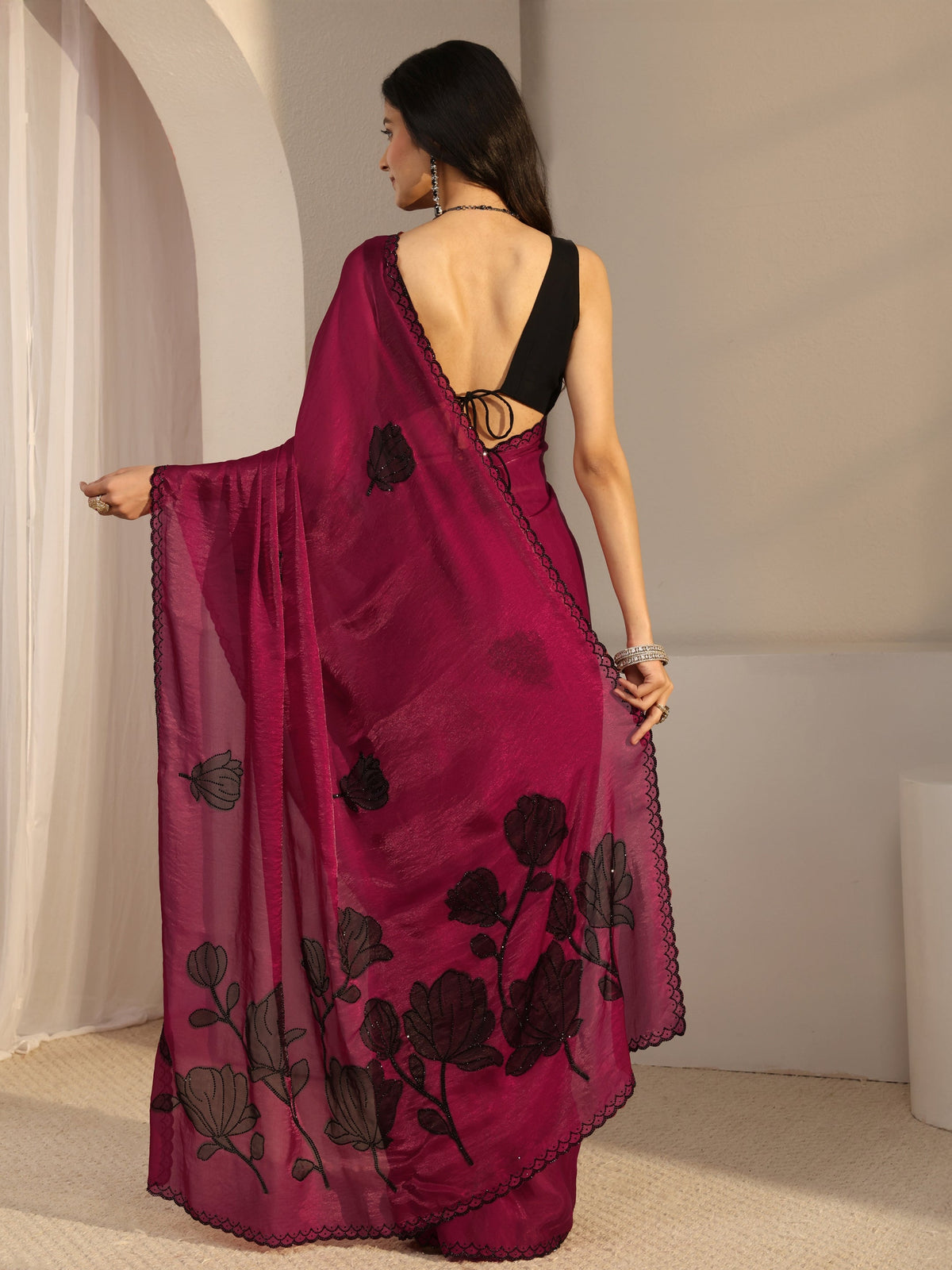 Anouk Pink Embellished Tissue Saree With Unstiched Blouse Piece