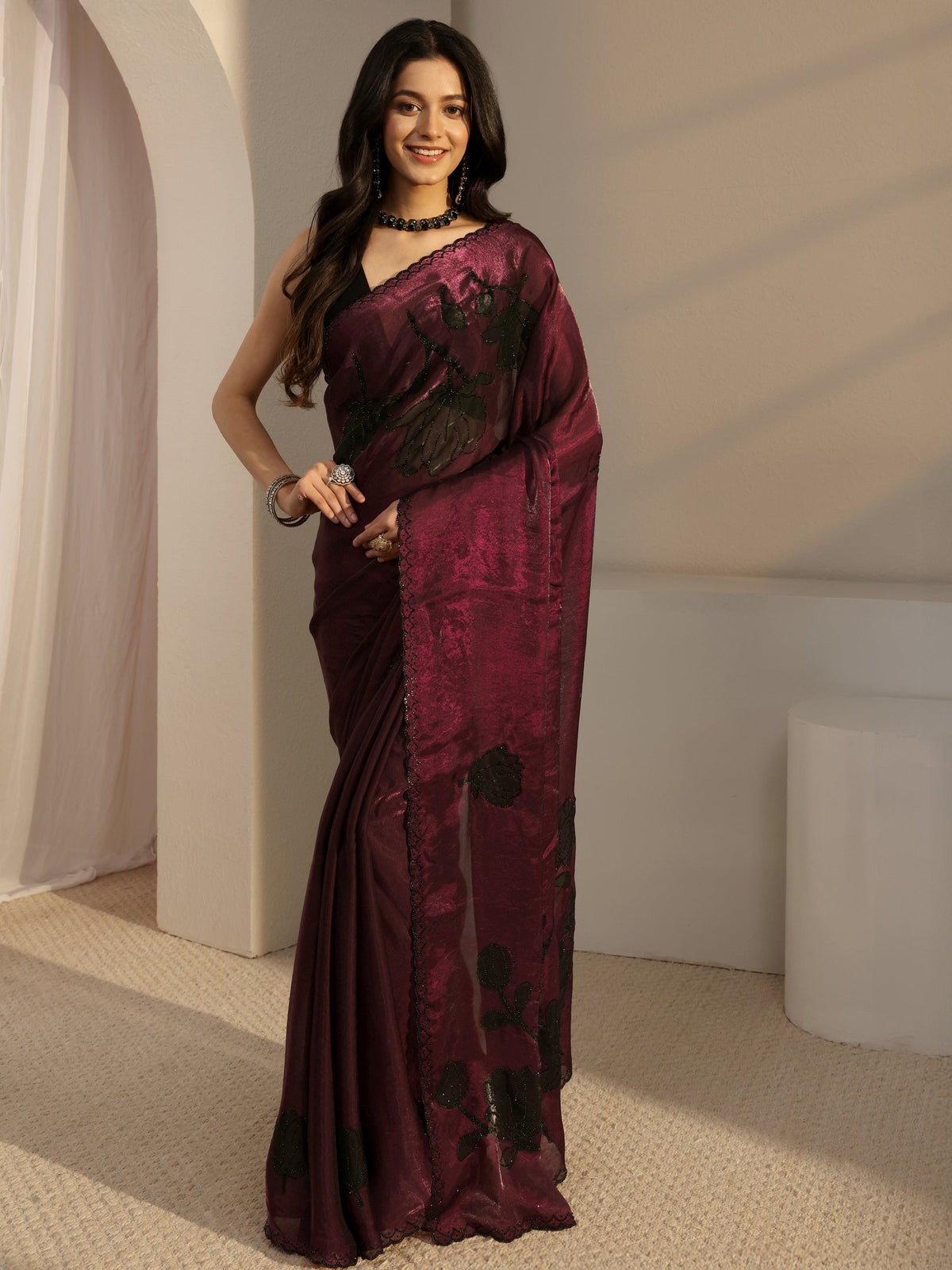 Anouk Burgundy Embellished Tissue Saree With Unstiched Blouse Piece