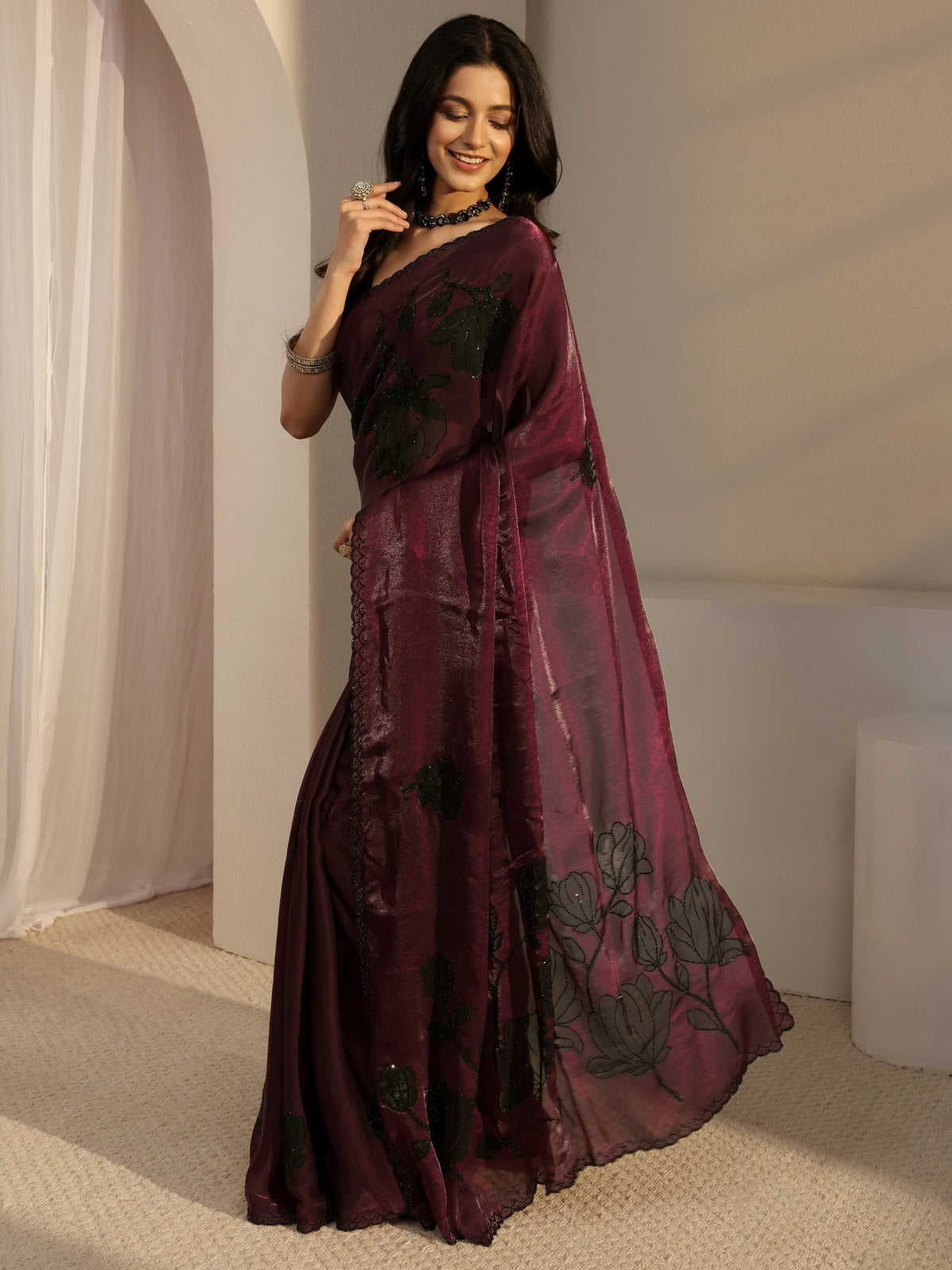 Anouk Burgundy Embellished Tissue Saree With Unstiched Blouse Piece