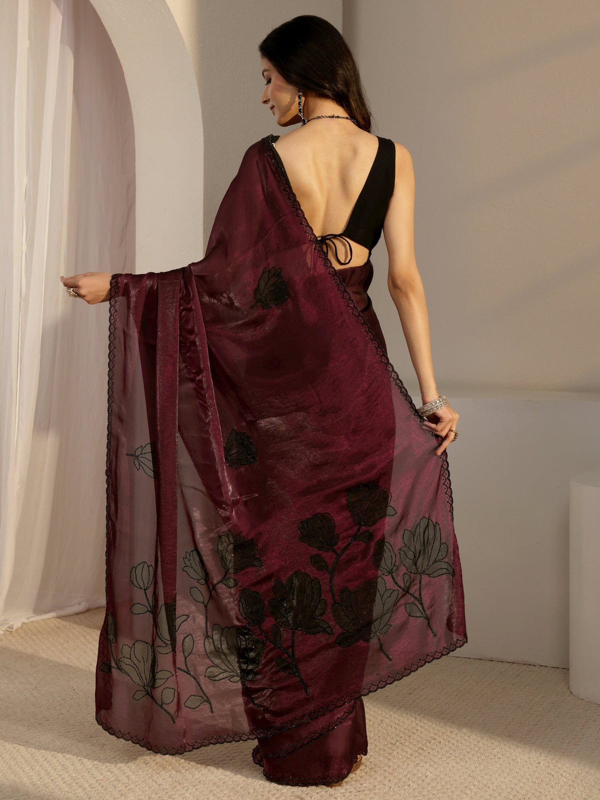 Anouk Burgundy Embellished Tissue Saree With Unstiched Blouse Piece