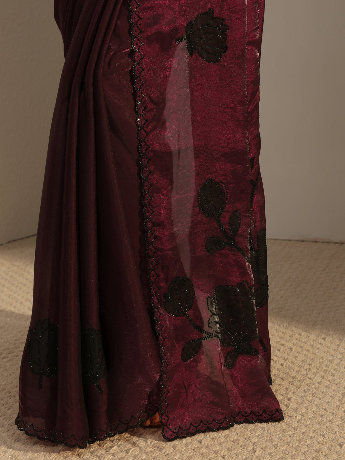 Anouk Burgundy Embellished Tissue Saree With Unstiched Blouse Piece