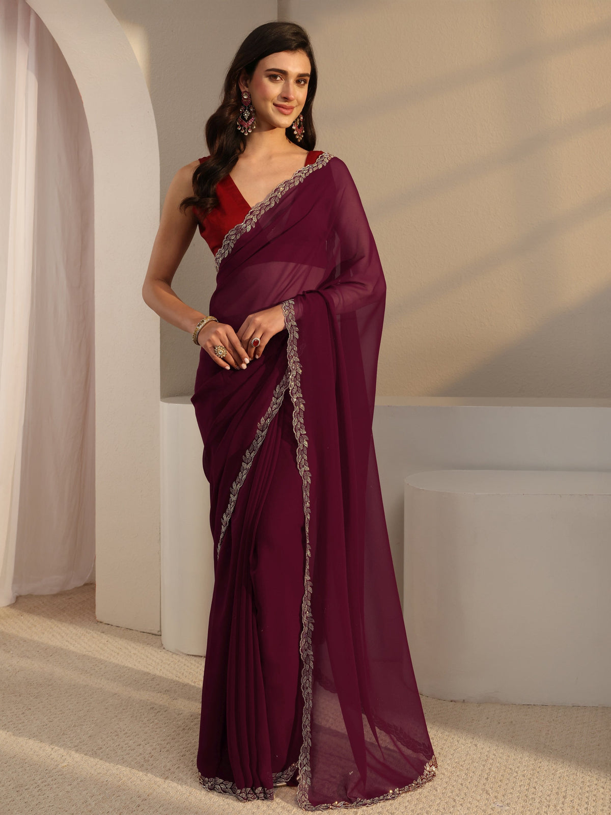 Anouk Burgundy Embellished Border Georgette Saree With Unstitched Blouse Piece