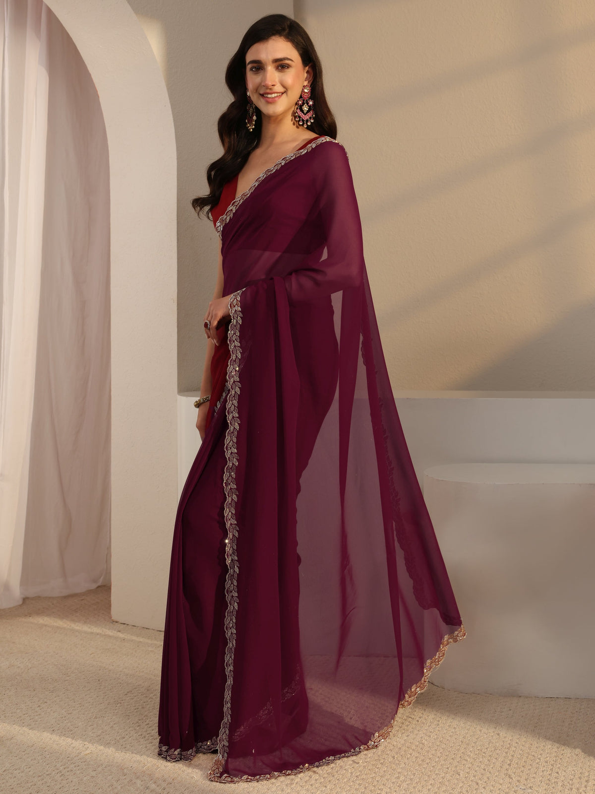 Anouk Burgundy Embellished Border Georgette Saree With Unstitched Blouse Piece