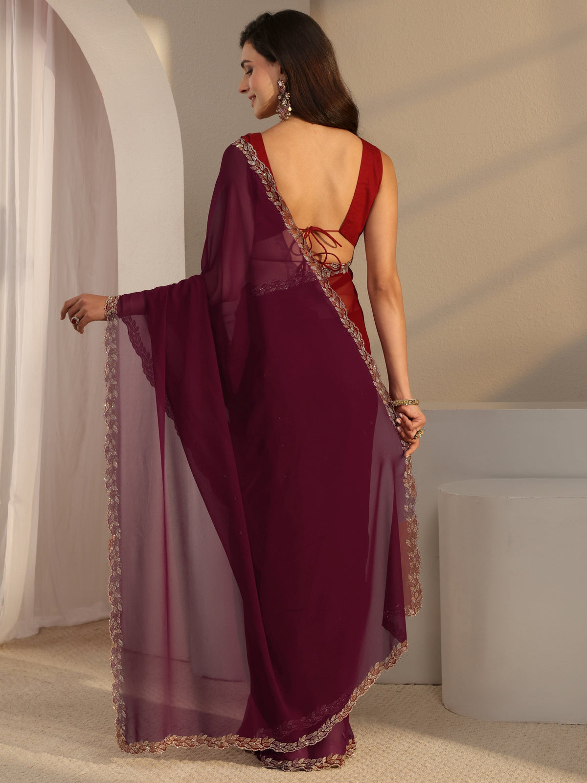 Anouk Burgundy Embellished Border Georgette Saree With Unstitched Blouse Piece
