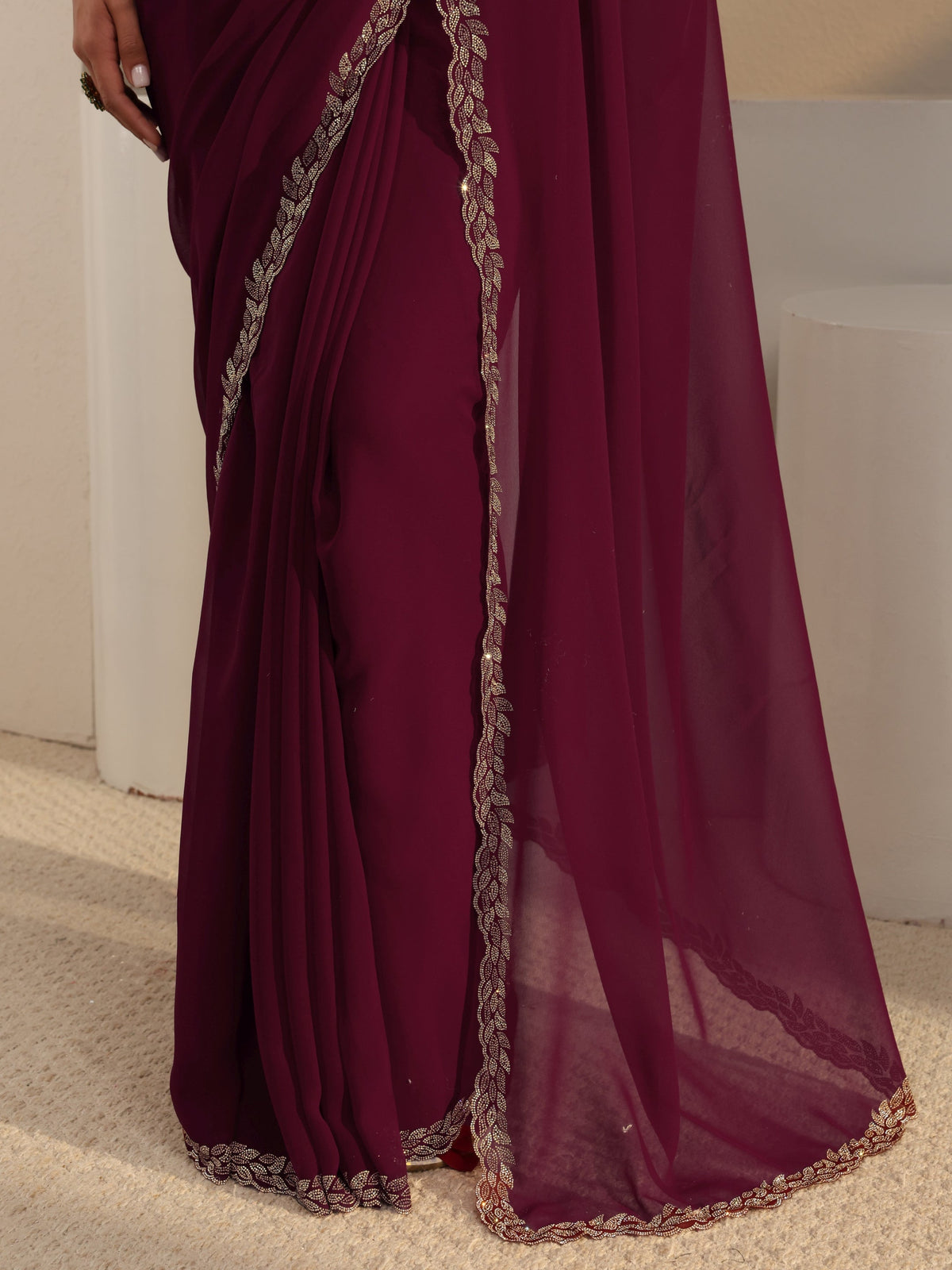 Anouk Burgundy Embellished Border Georgette Saree With Unstitched Blouse Piece