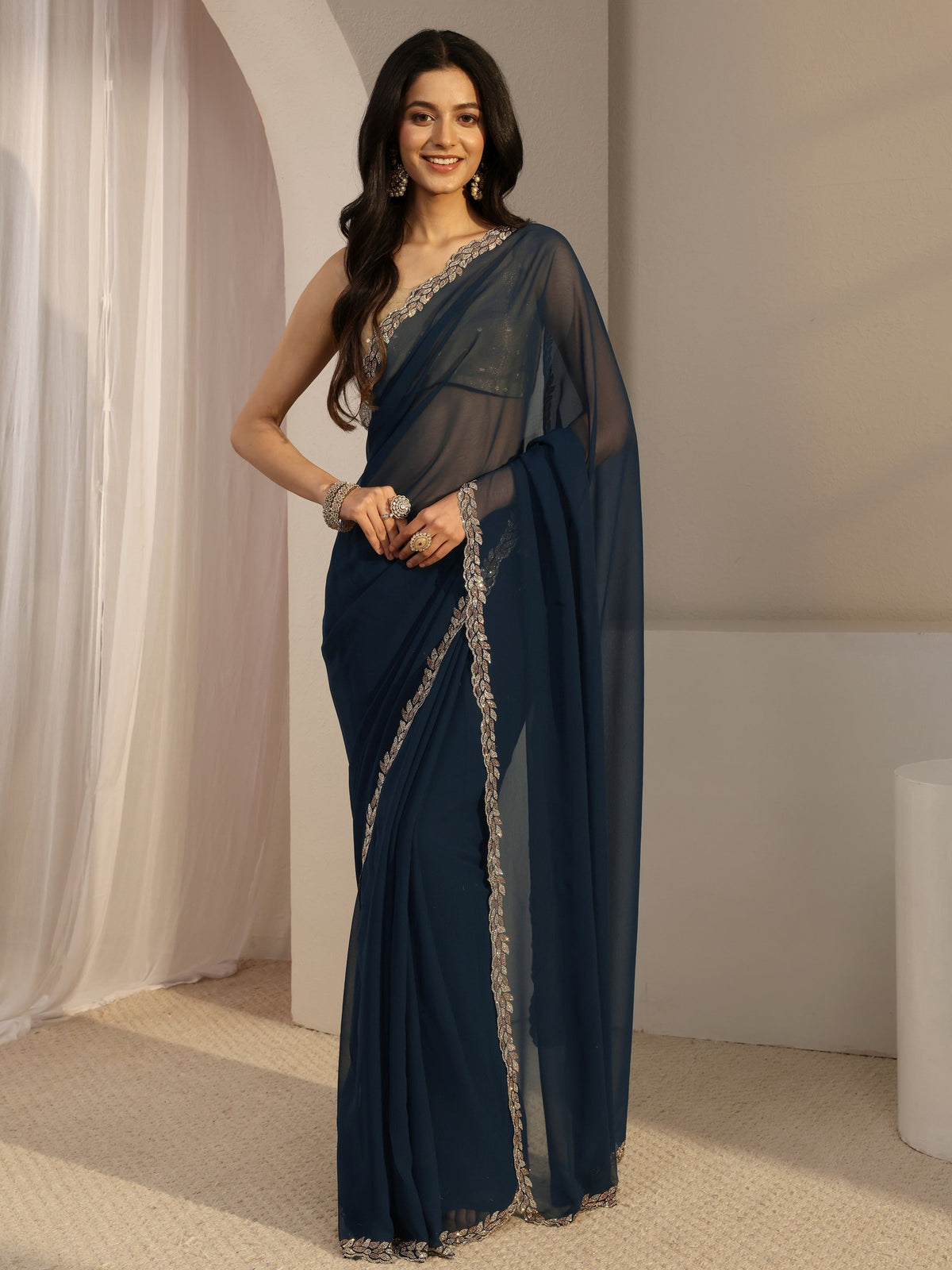 Anouk Blue Embellished Georgette Saree With Unstiched Blouse Piece