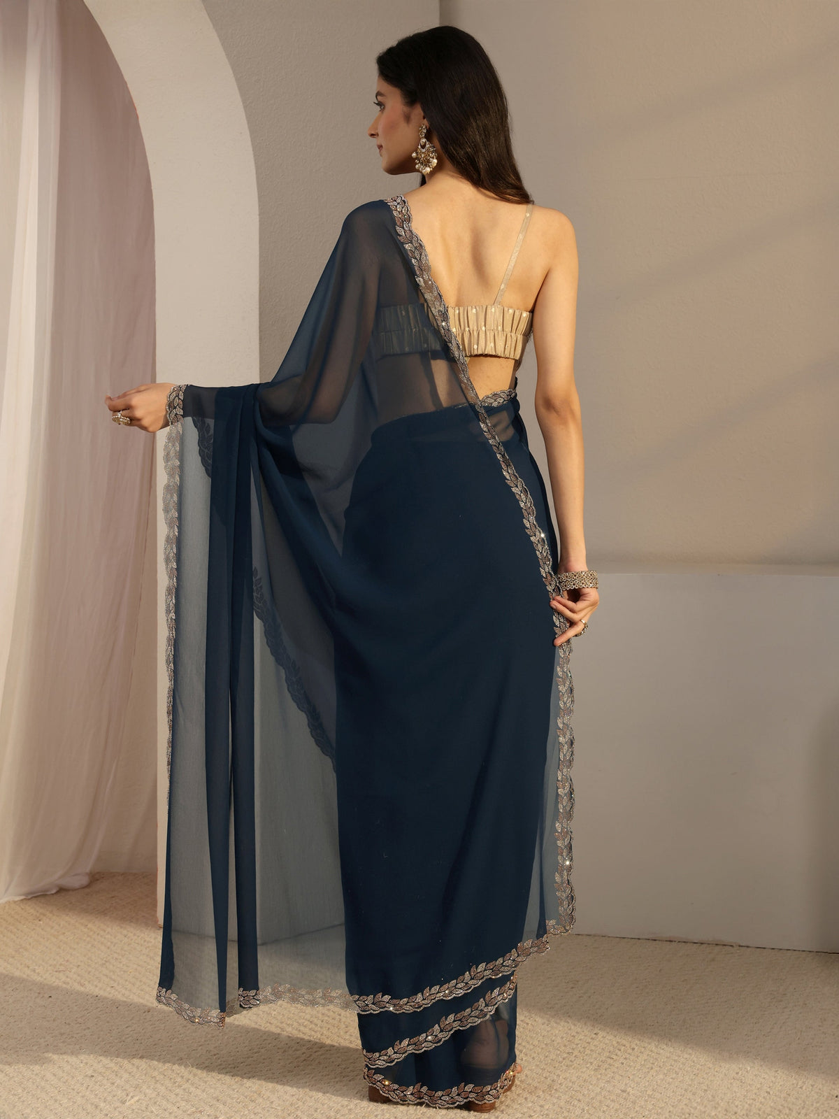 Anouk Blue Embellished Georgette Saree With Unstiched Blouse Piece