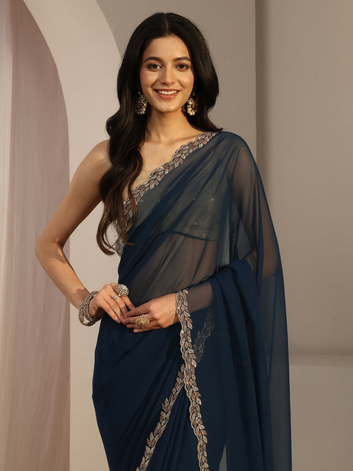 Anouk Blue Embellished Georgette Saree With Unstiched Blouse Piece