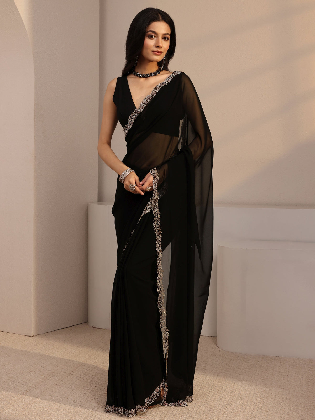 Anouk Black Embellished Georgette Saree With Unstiched Blouse Piece