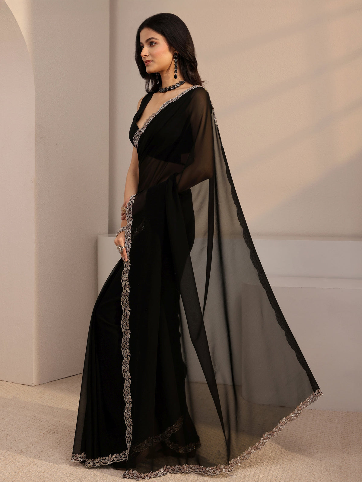 Anouk Black Embellished Georgette Saree With Unstiched Blouse Piece