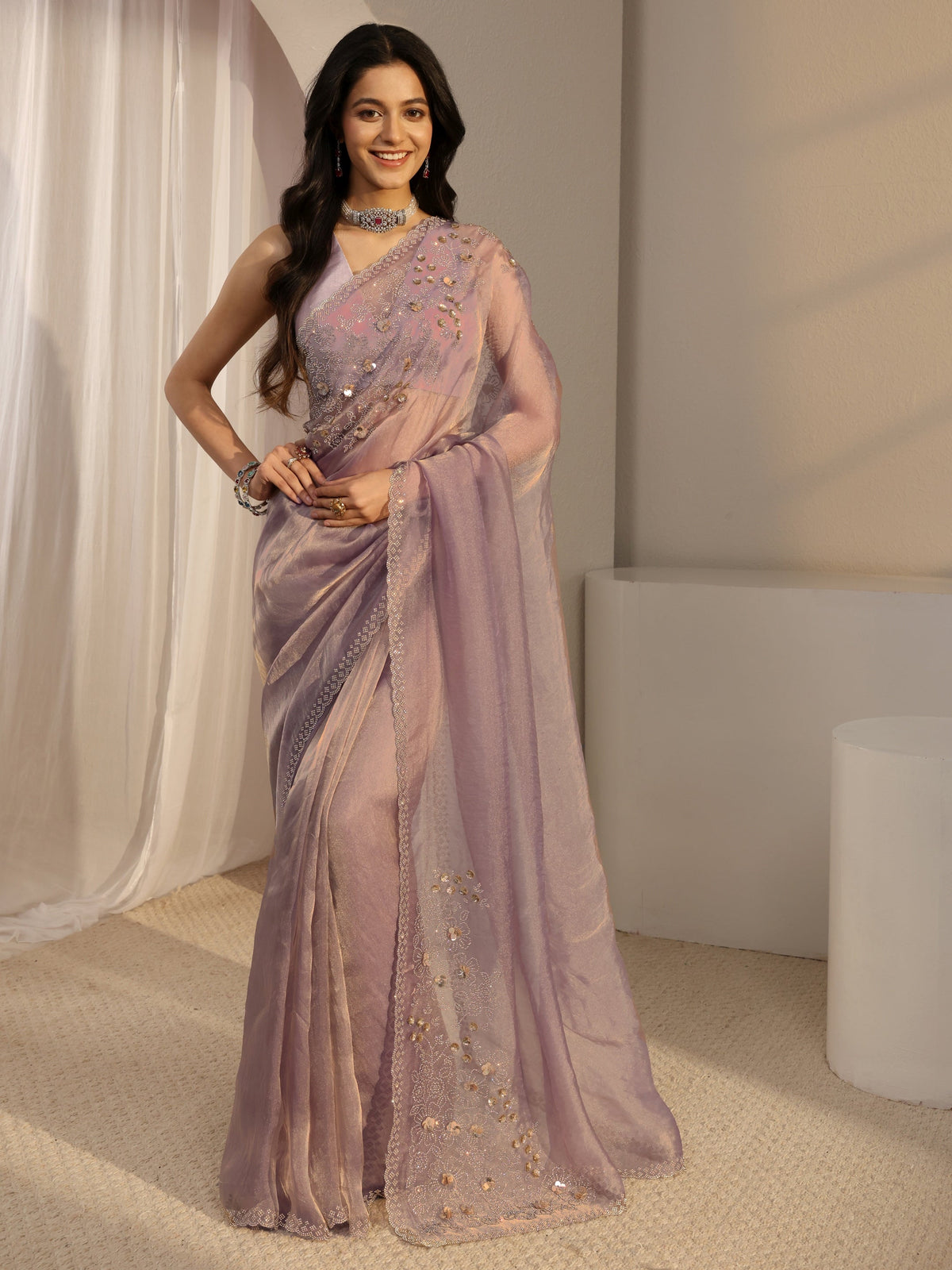 Anouk Lavender Embellished Organza Saree With Unstiched Blouse Piece