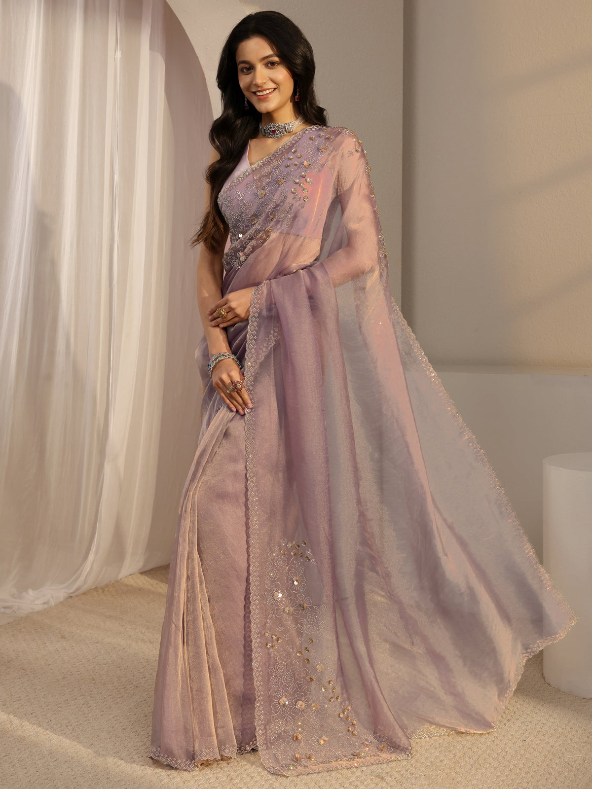 Anouk Lavender Embellished Organza Saree With Unstiched Blouse Piece
