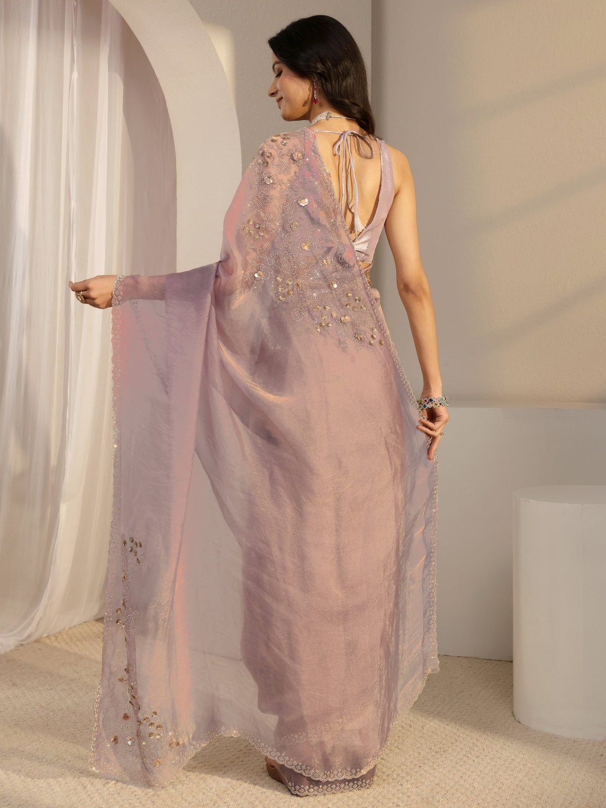Anouk Lavender Embellished Organza Saree With Unstiched Blouse Piece