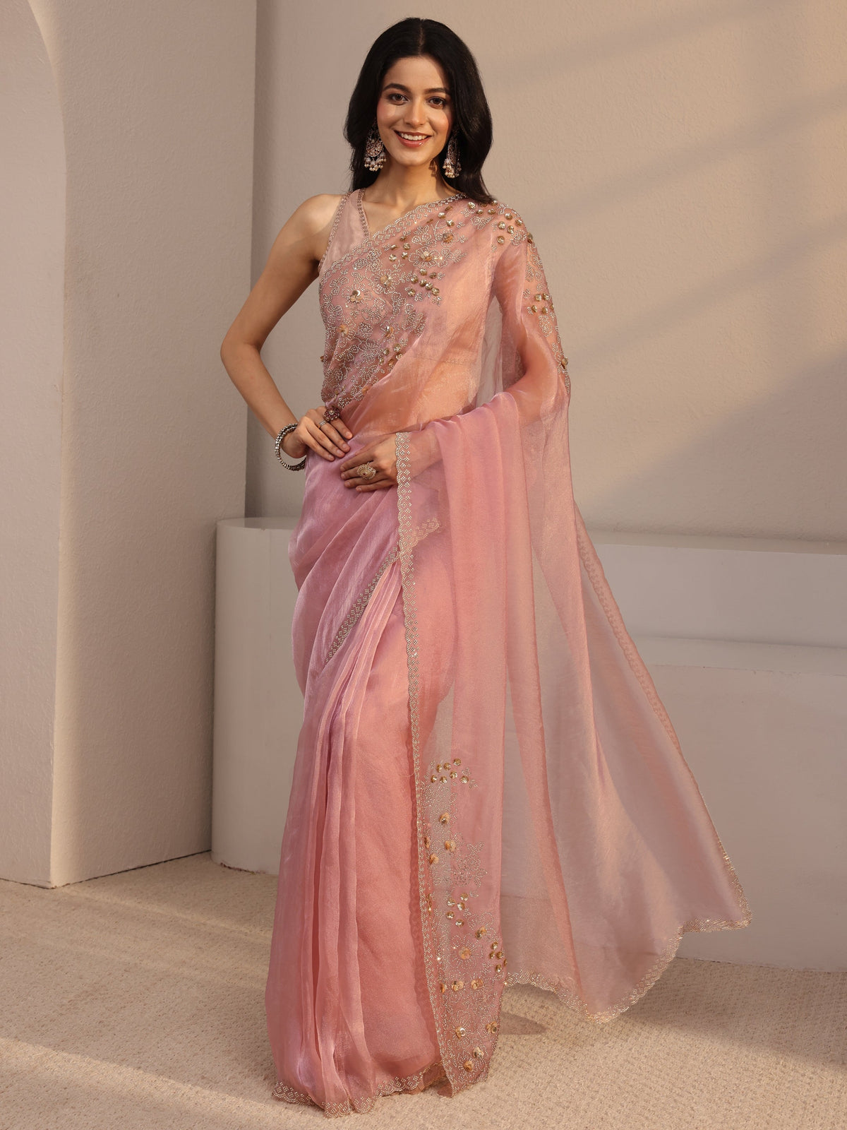 Anouk Pink Embellished Organza Saree With Unstiched Blouse Piece