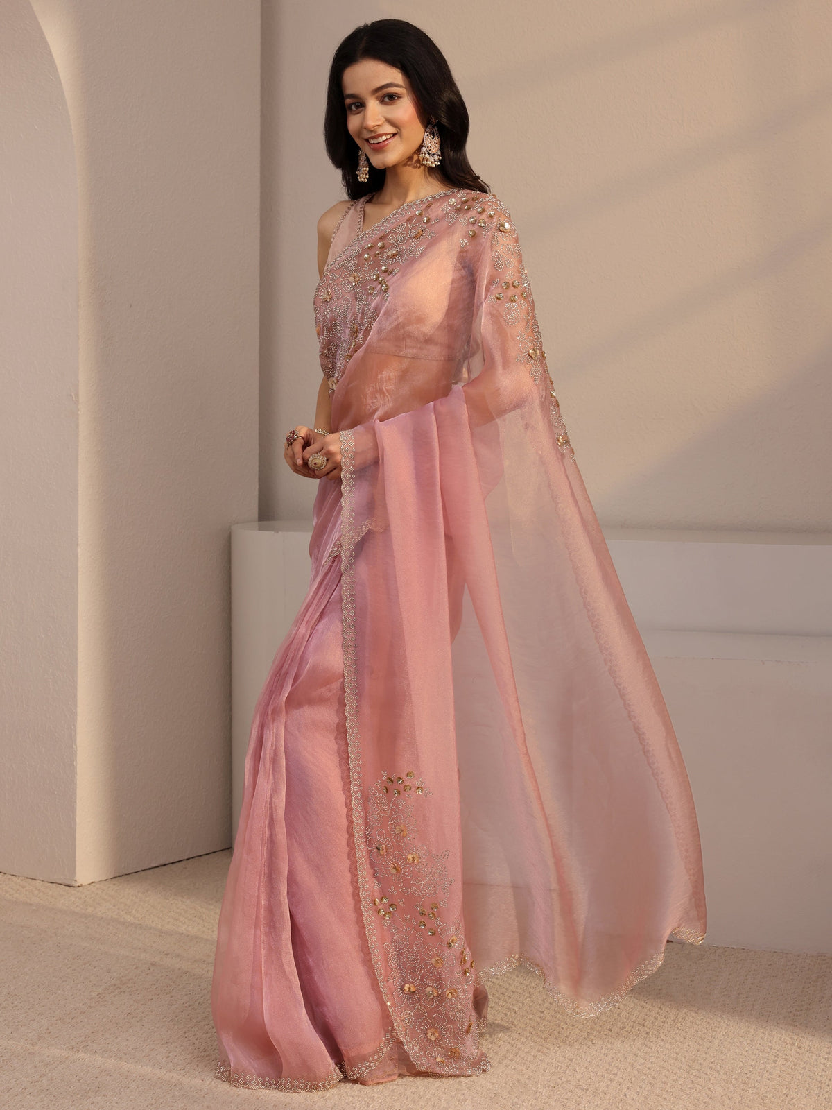 Anouk Pink Embellished Organza Saree With Unstiched Blouse Piece