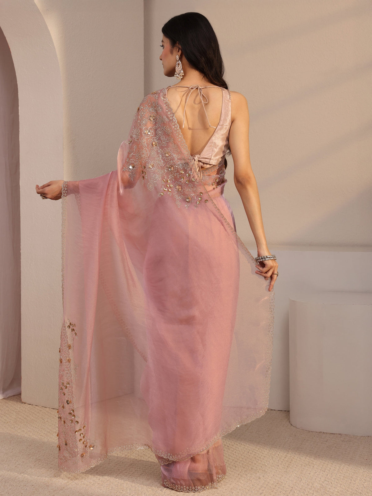 Anouk Pink Embellished Organza Saree With Unstiched Blouse Piece