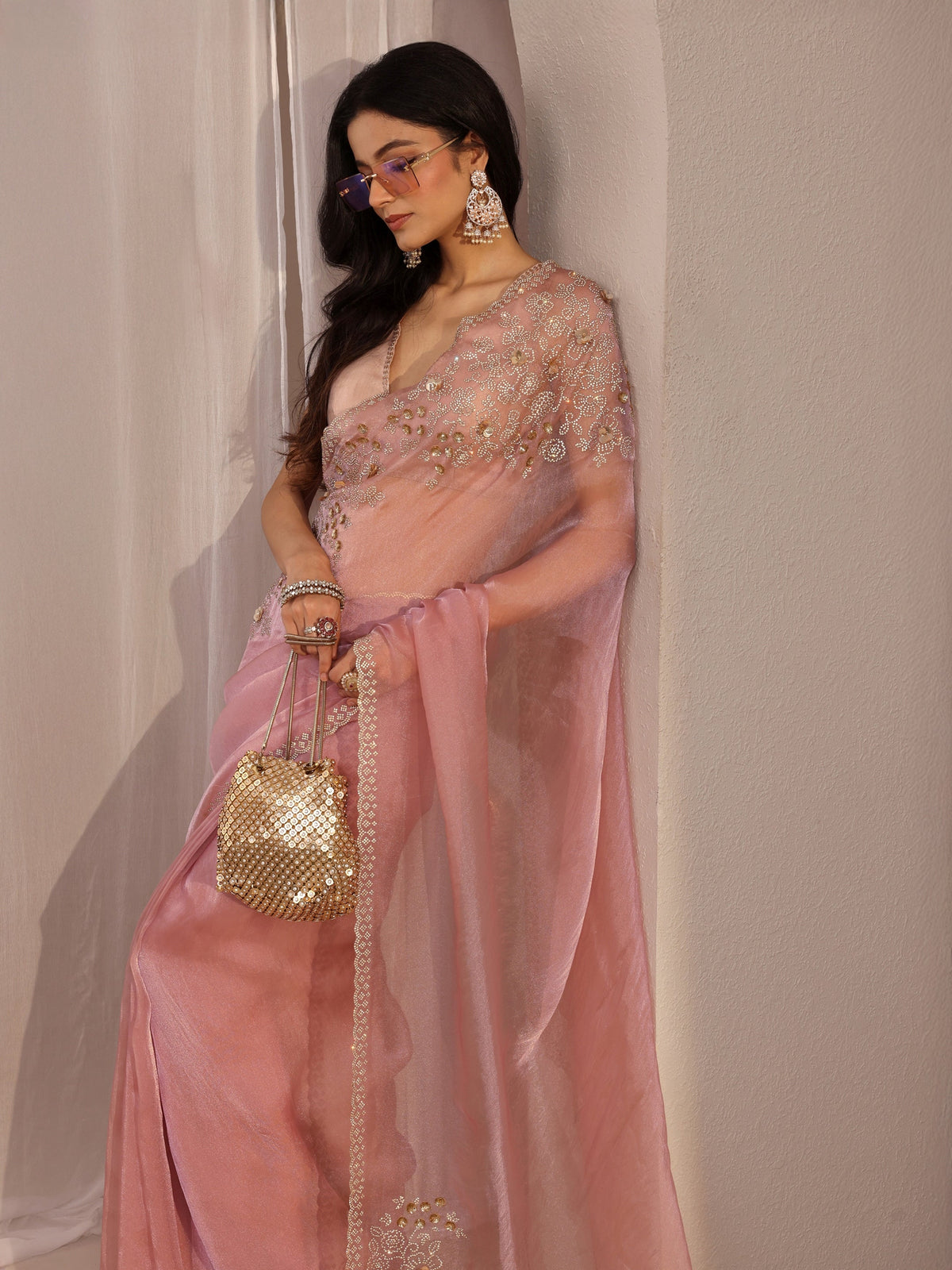 Anouk Pink Embellished Organza Saree With Unstiched Blouse Piece