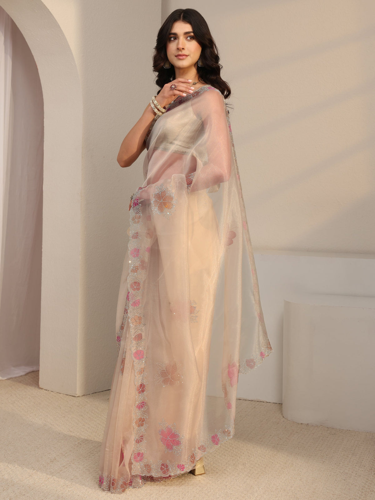 Anouk Taupe Floral Embellished Organza Saree With Unstitched Blouse Piece