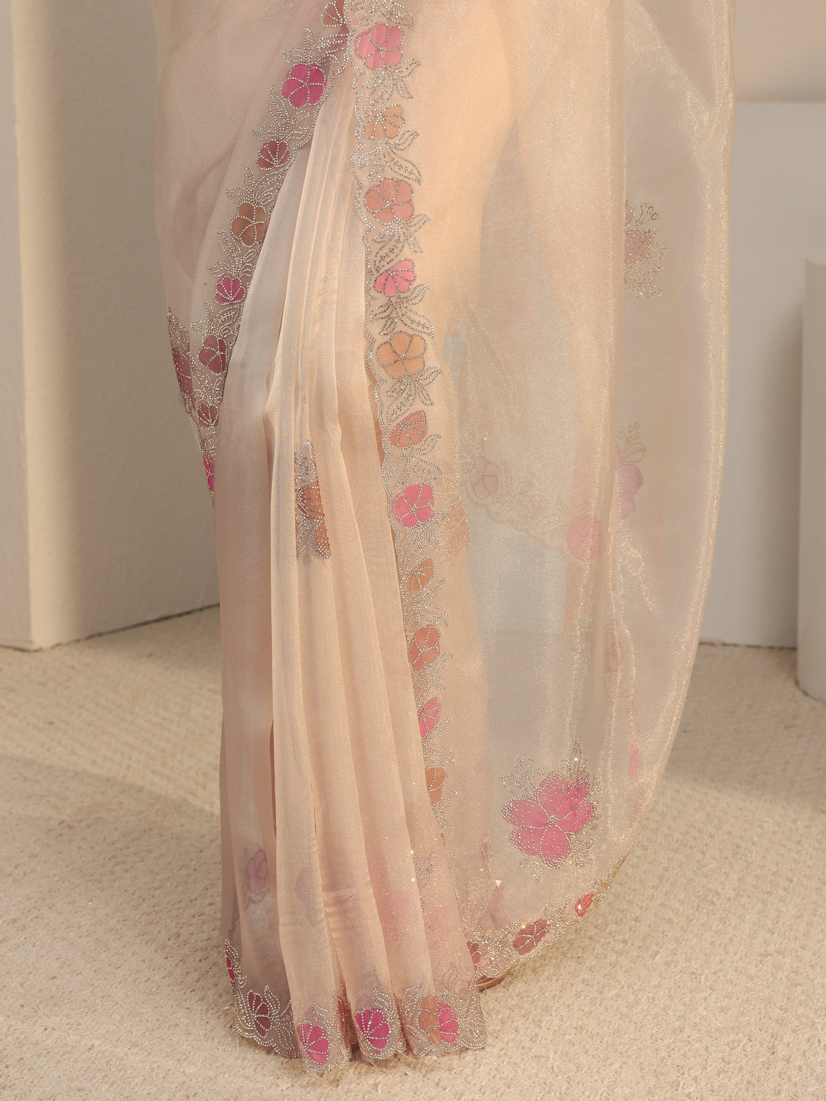 Anouk Taupe Floral Embellished Organza Saree With Unstitched Blouse Piece